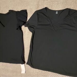 Black V-Neck Tops one with Crisscross Detail
